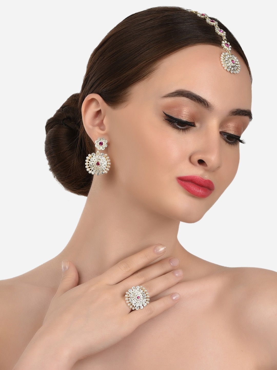 

Zaveri Pearls Gold-Plated White & Pink Stone-Studded & Beaded Jewellery Set