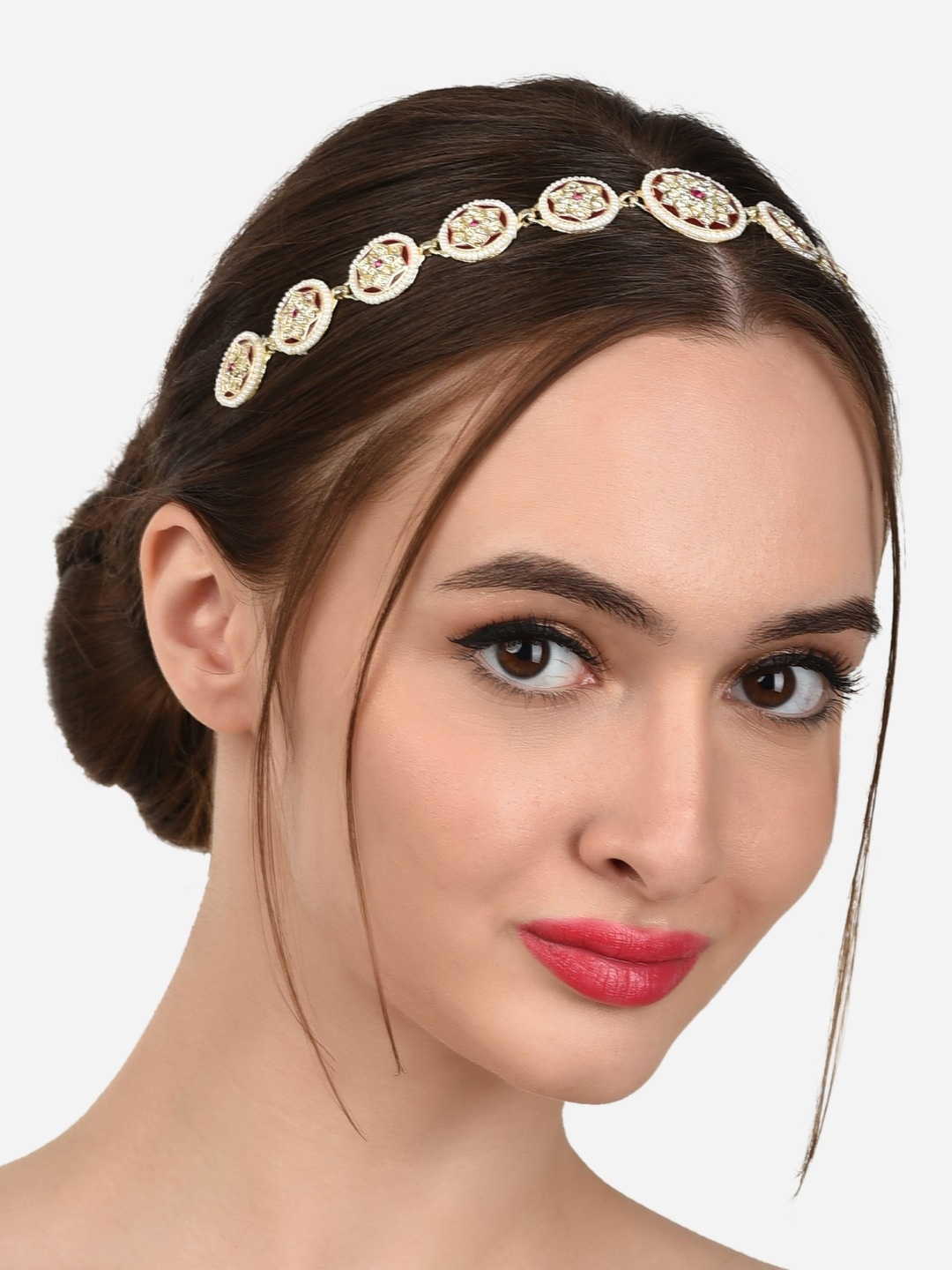 

Zaveri Pearls Gold-Plated White & Pink Stone-Studded & Pearl Beaded Head Chain