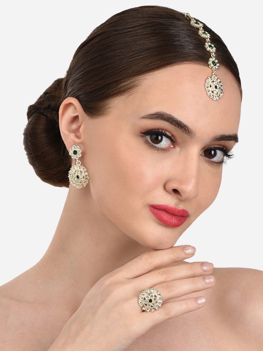 

Zaveri Pearls Gold-Plated Green & White Stone-Studded Jewellery Set