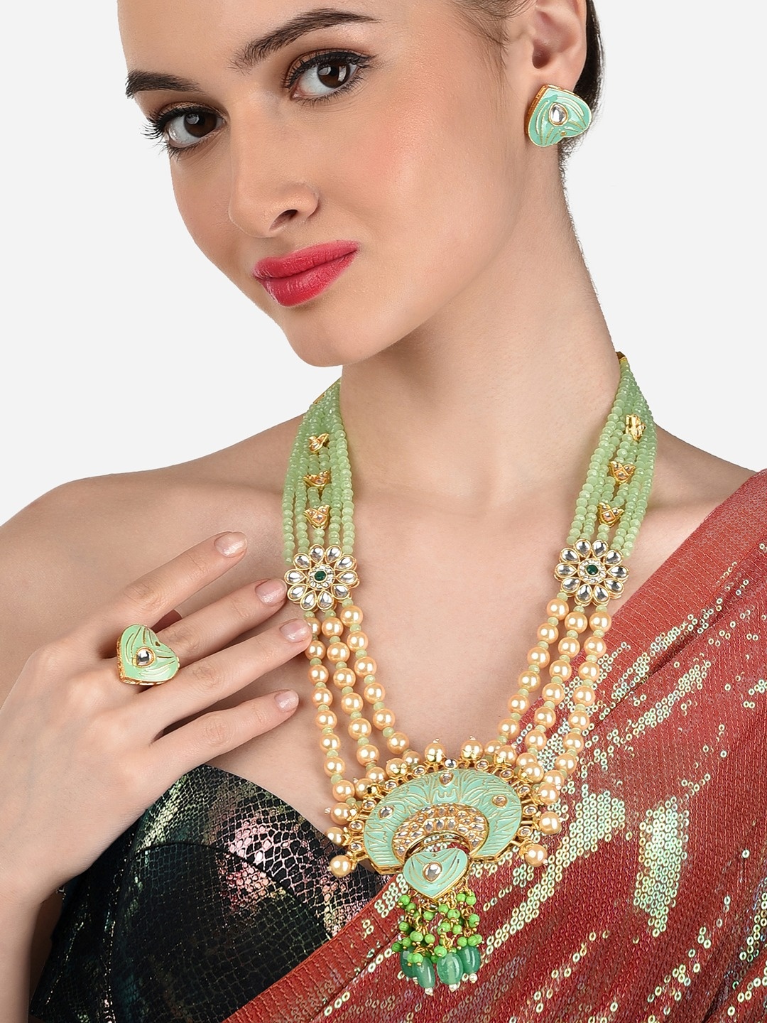 

Zaveri Pearls Gold Plated & Green Layered Beaded Bridal Jwellery Set