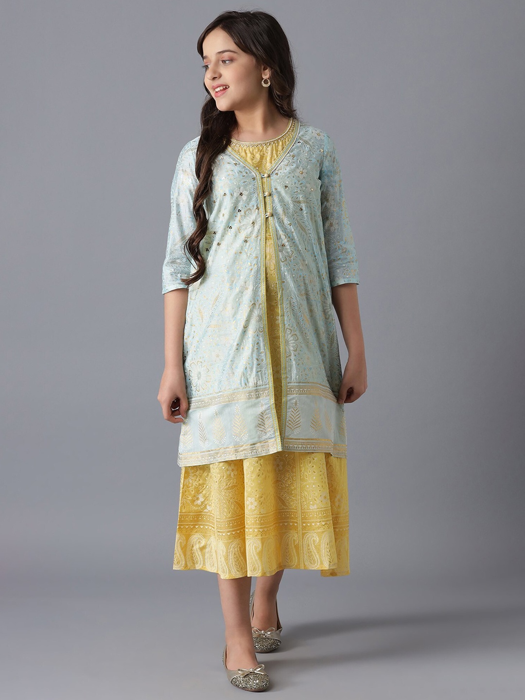 

AURELIA Yellow Ethnic Motifs Layered Ethnic A-Line Midi Dress