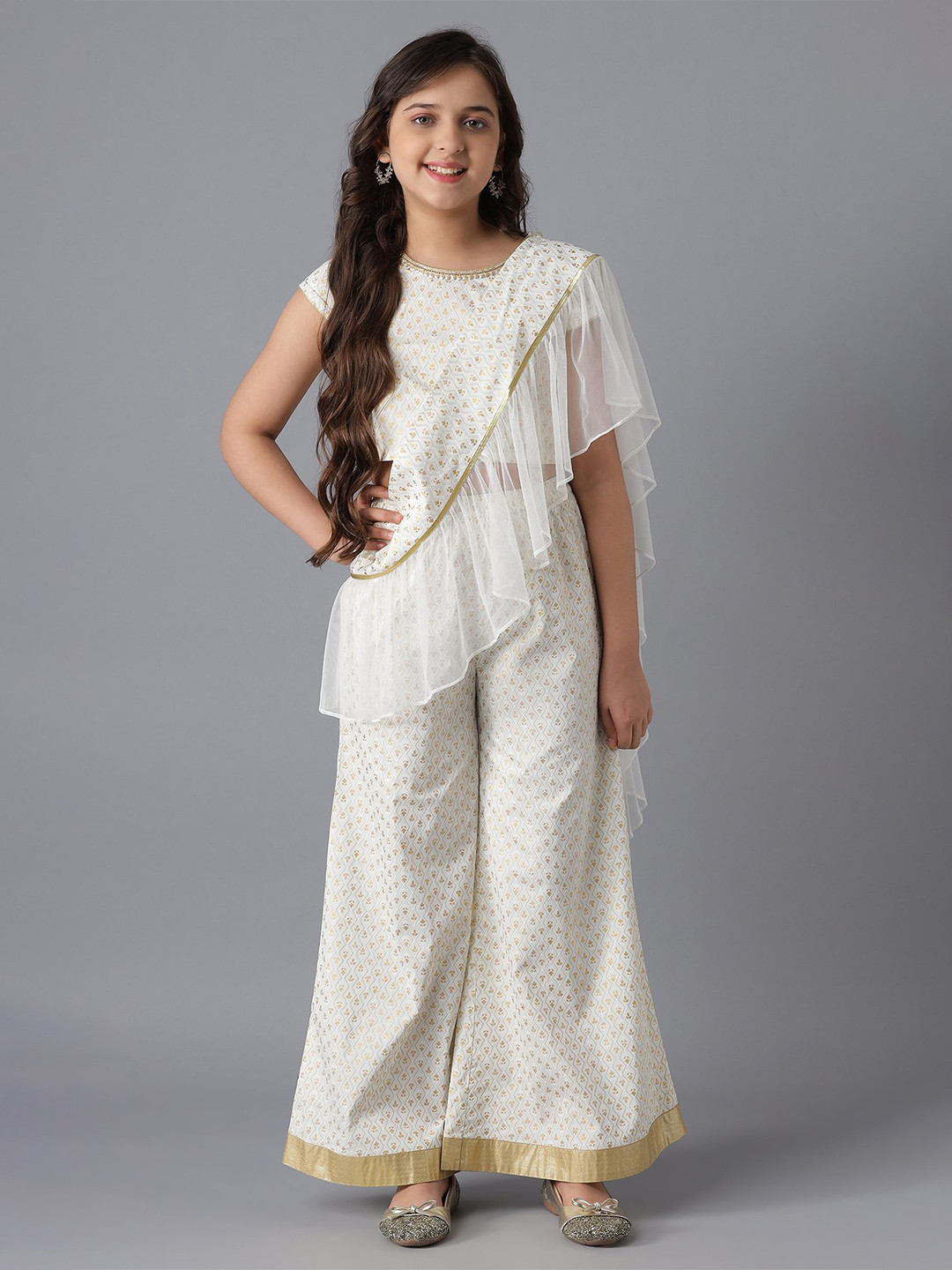 

AURELIA Girls White Printed Top with Palazzos & With Dupatta