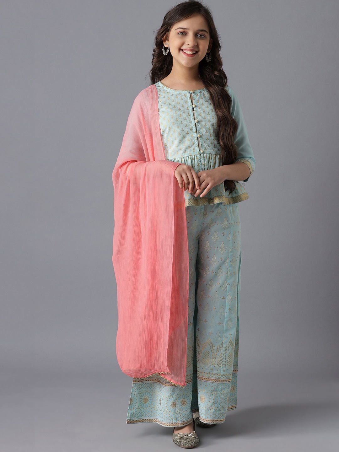 

AURELIA Girls Blue Ethnic Motifs Printed Empire Kurti with Palazzos & With Dupatta