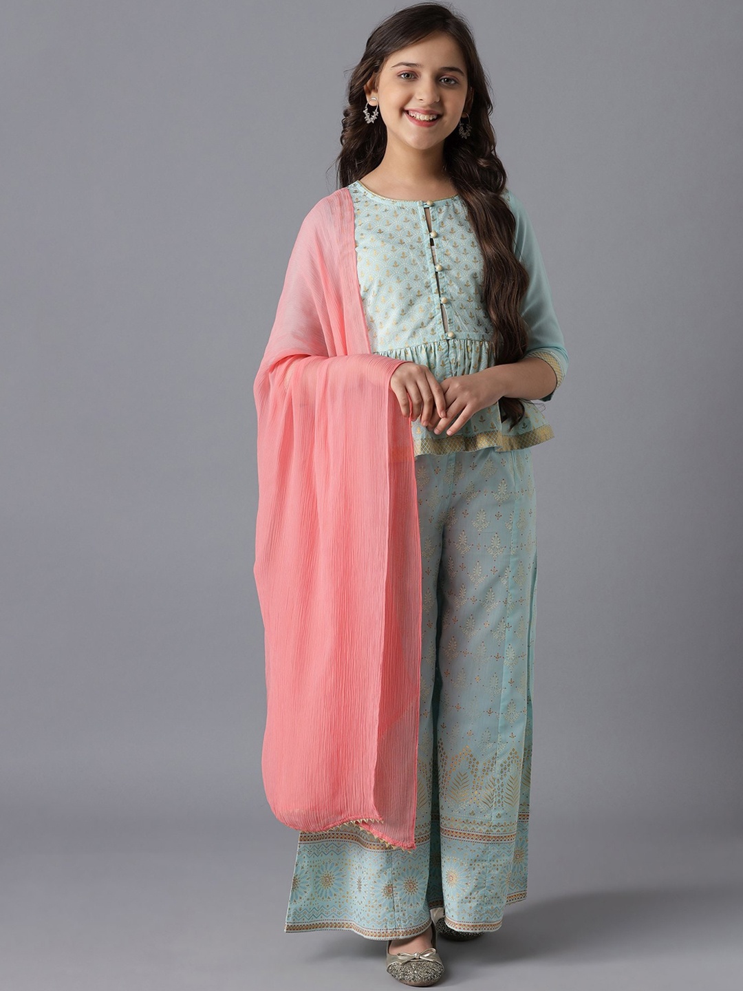 

AURELIA Girls Blue Geometric Flared Sleeves Kurta