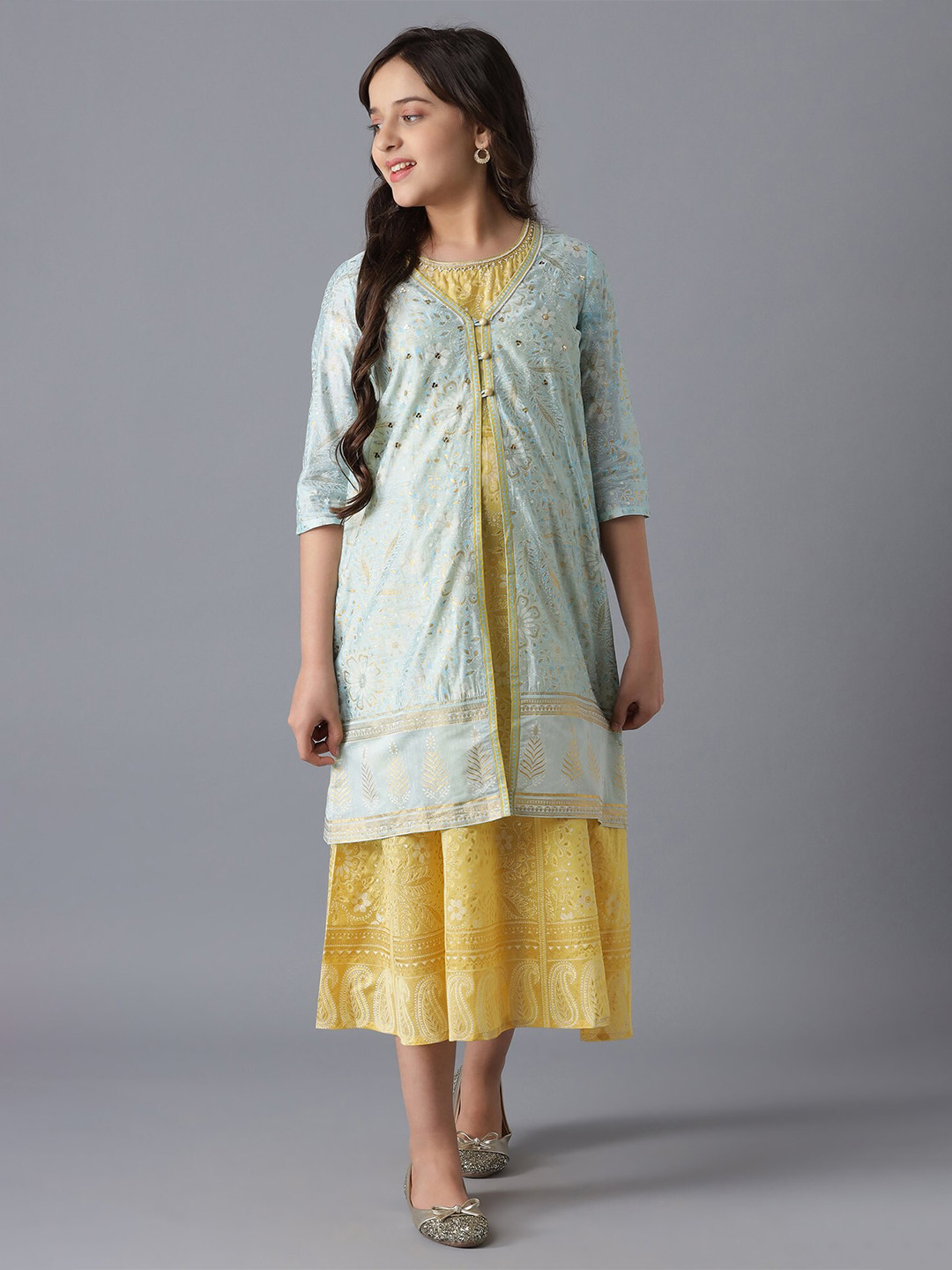 

AURELIA Blue & Yellow Ethnic Motifs Layered Ethnic A-Line Midi Dress
