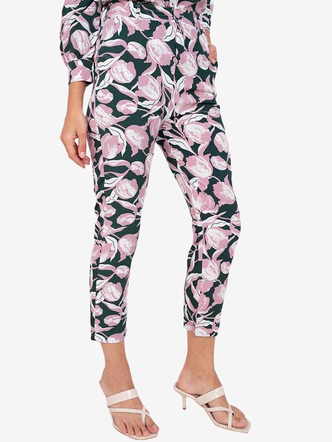 

ZALORA WORK Women Pink Floral Printed Regular Peg Trousers