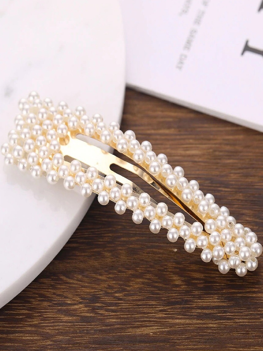 

OOMPH Women Gold-Toned & White Embellished Tic Tac Hair Clip