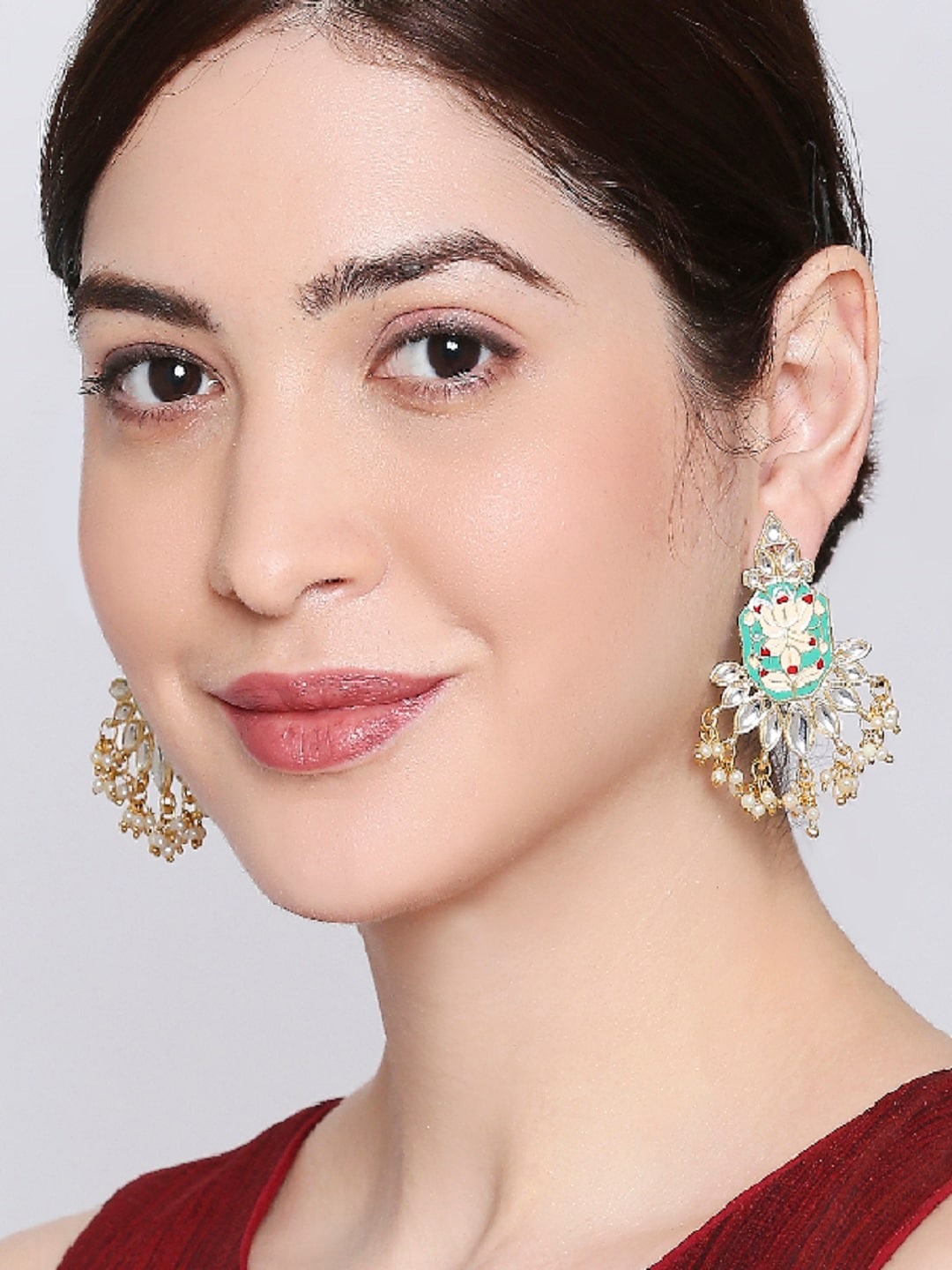 

OOMPH Blue & White Geometric Meenakari with Kundan Drop Earrings