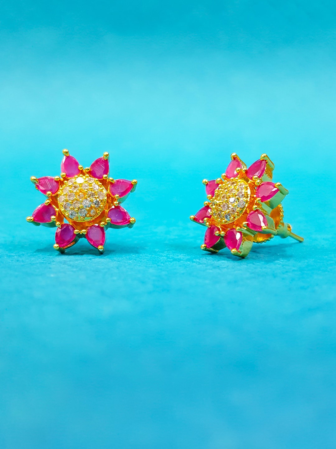 

OOMPH Red Floral Cubic Zirconia Studded Stud Earrings