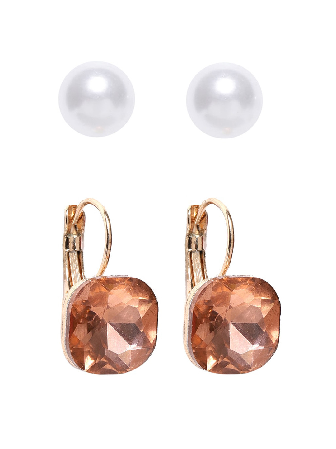 

OOMPH Set Of 2 White & Gold-Toned Zircon & Pearl Earrings