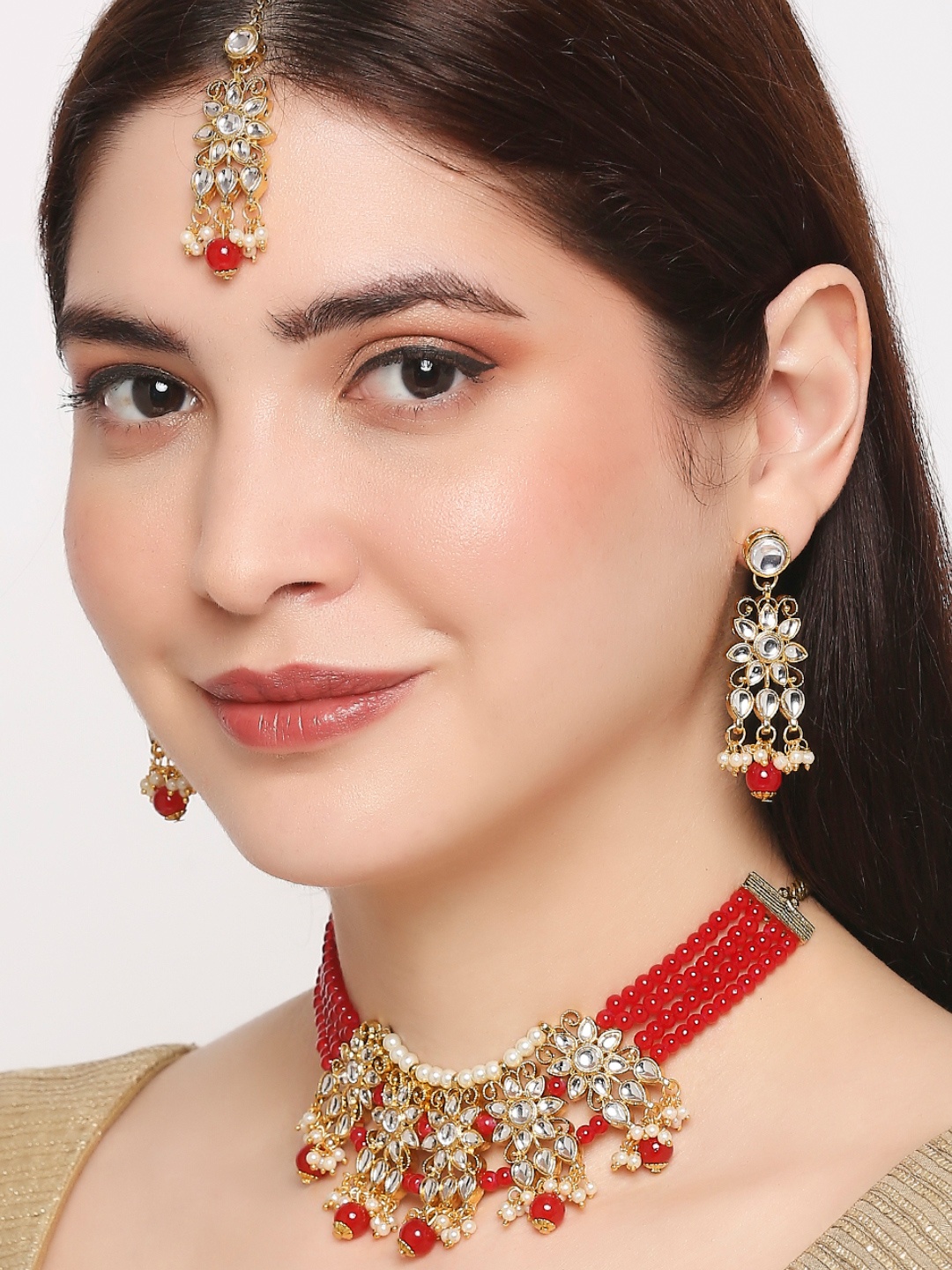 

OOMPH Gold-Toned Red & White Kundan-Studded & Beaded Layered Jewellery Set