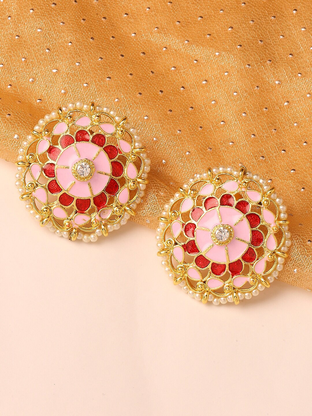 

OOMPH Pink & Red Meenakari Floral Studs Earrings