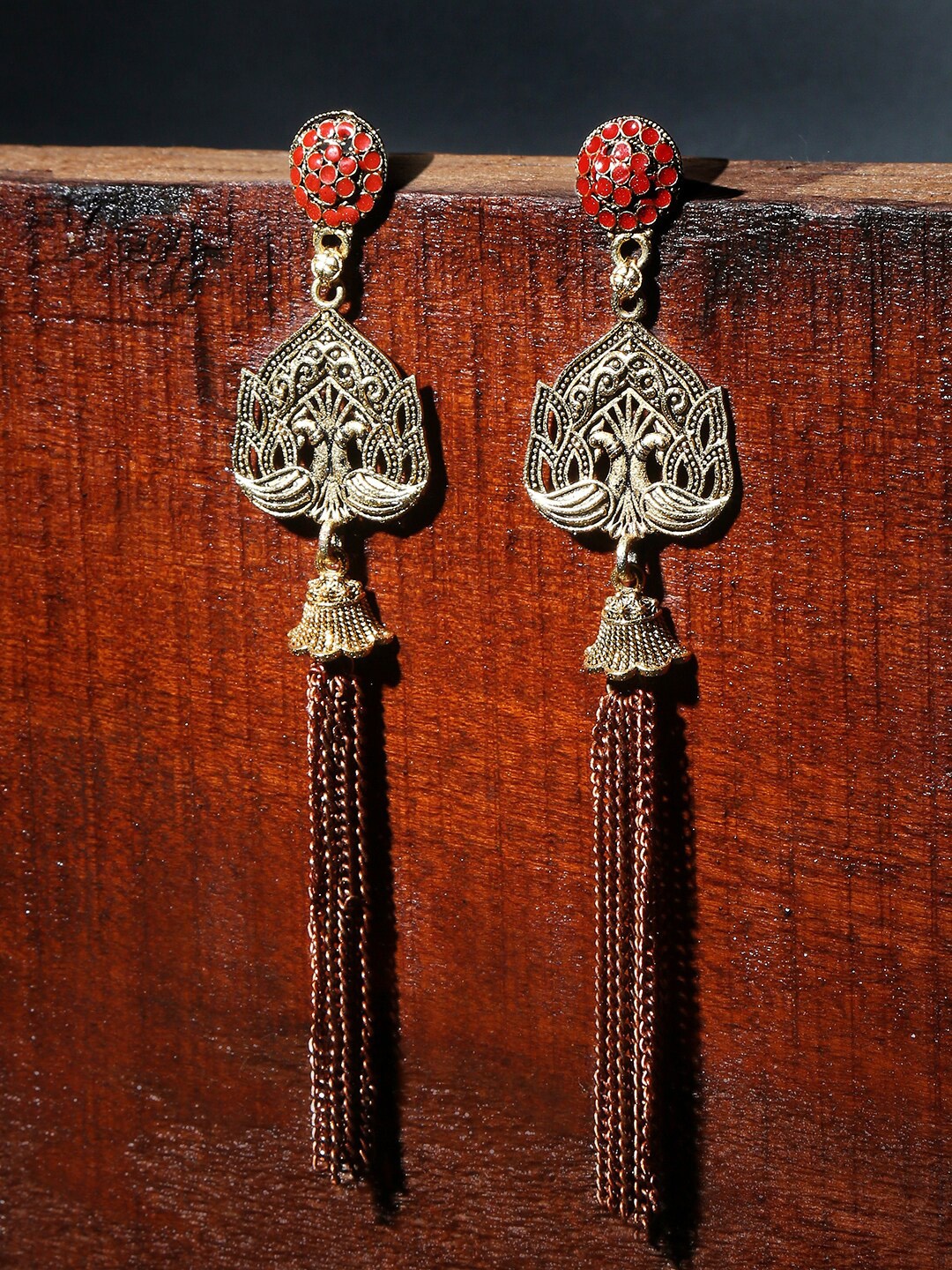 

OOMPH Maroon & Gold-Toned Peacock Shaped Drop Earrings