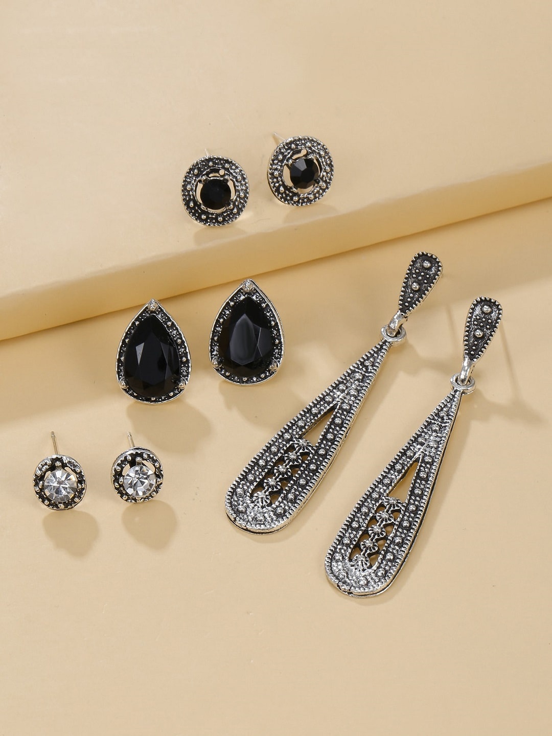 

OOMPH Set Of 4 Silver-Toned & Black Stud & Drop Earrings