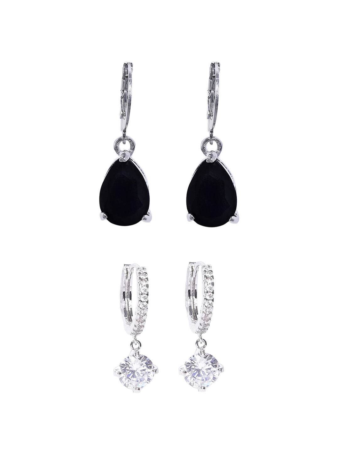 

OOMPH Set of 2 Silver-Toned & Black Contemporary Drop Earrings
