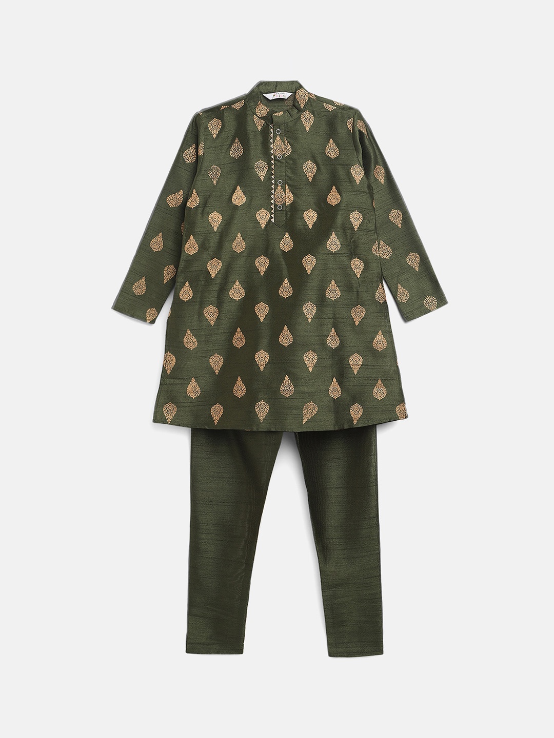 

Ahalyaa Boys Olive Green Printed Gotta Patti Kurta with Churidar