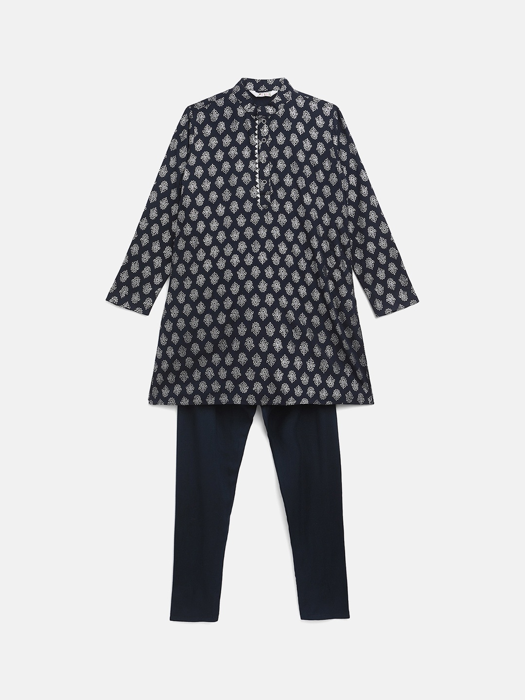 

Ahalyaa Boys Navy Blue Ethnic Motifs Printed Gotta Patti Kurta with Churidar