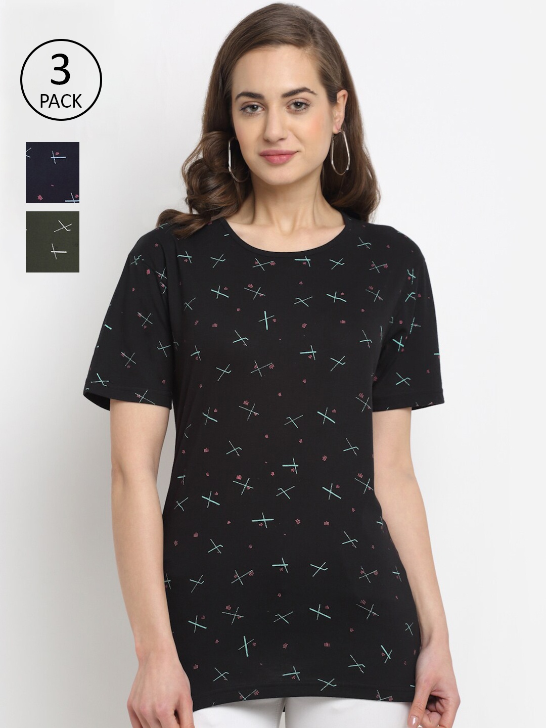 

MACK JONNEY Women Pack of 3 Printed T-shirt, Black