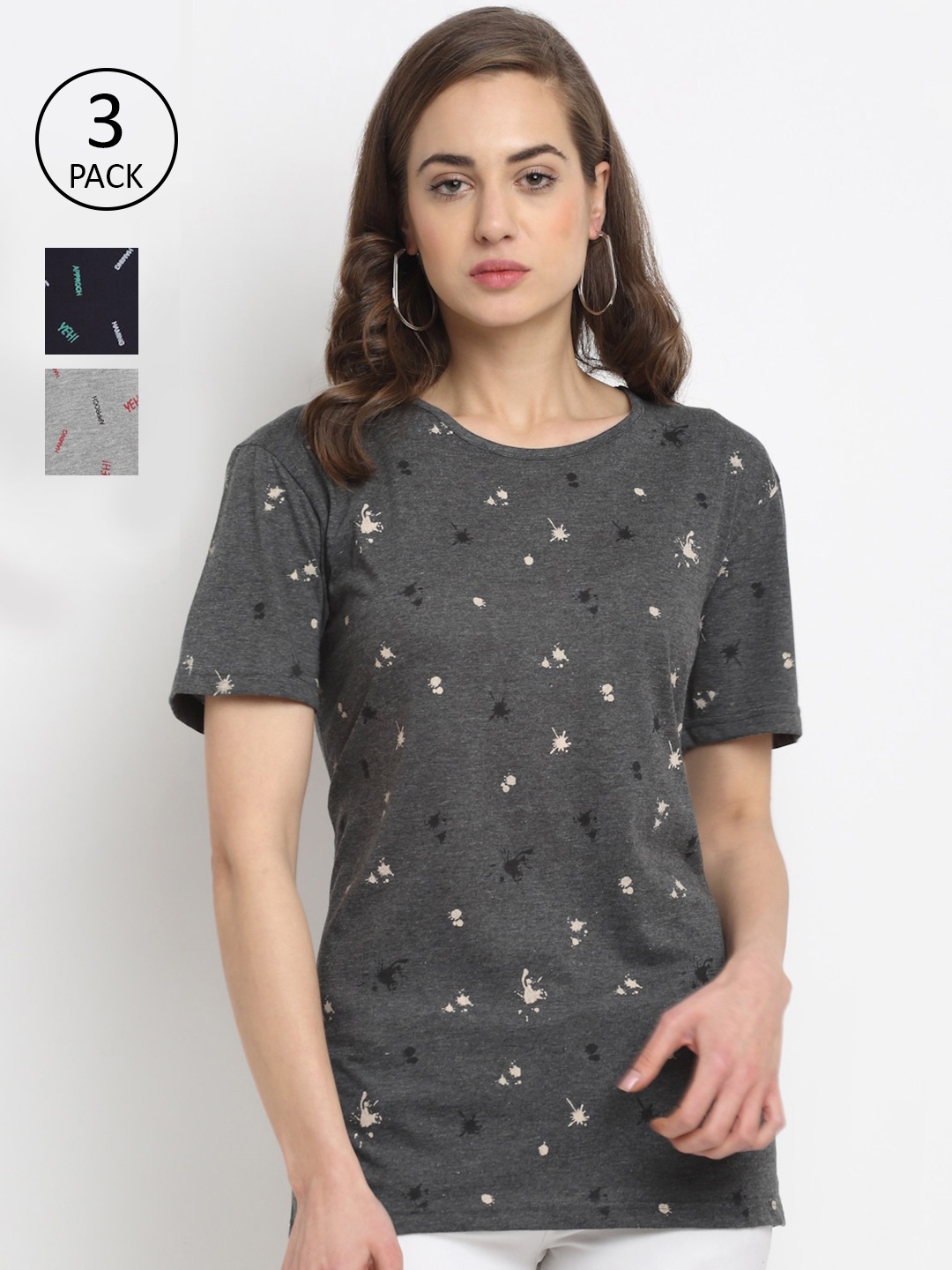 

VIMAL JONNEY Women Pack Of 3 Grey & Navy Blue Printed T-shirt