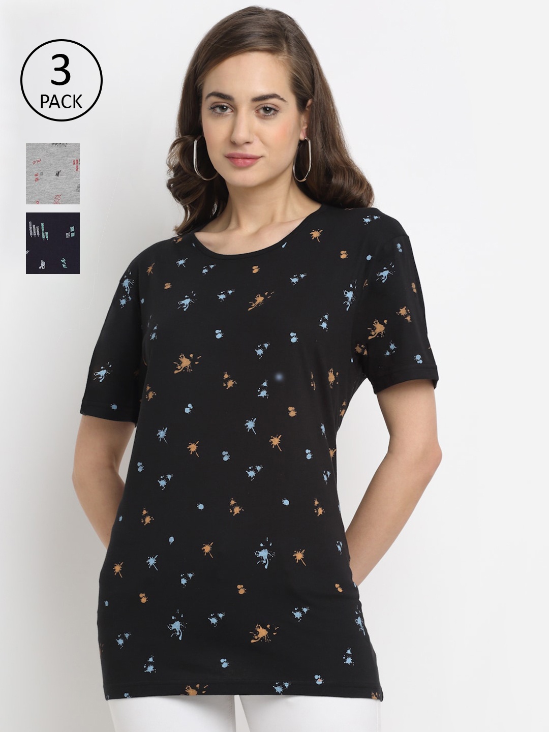 

VIMAL JONNEY Women Pack Of 3 Printed T-shirt, Black
