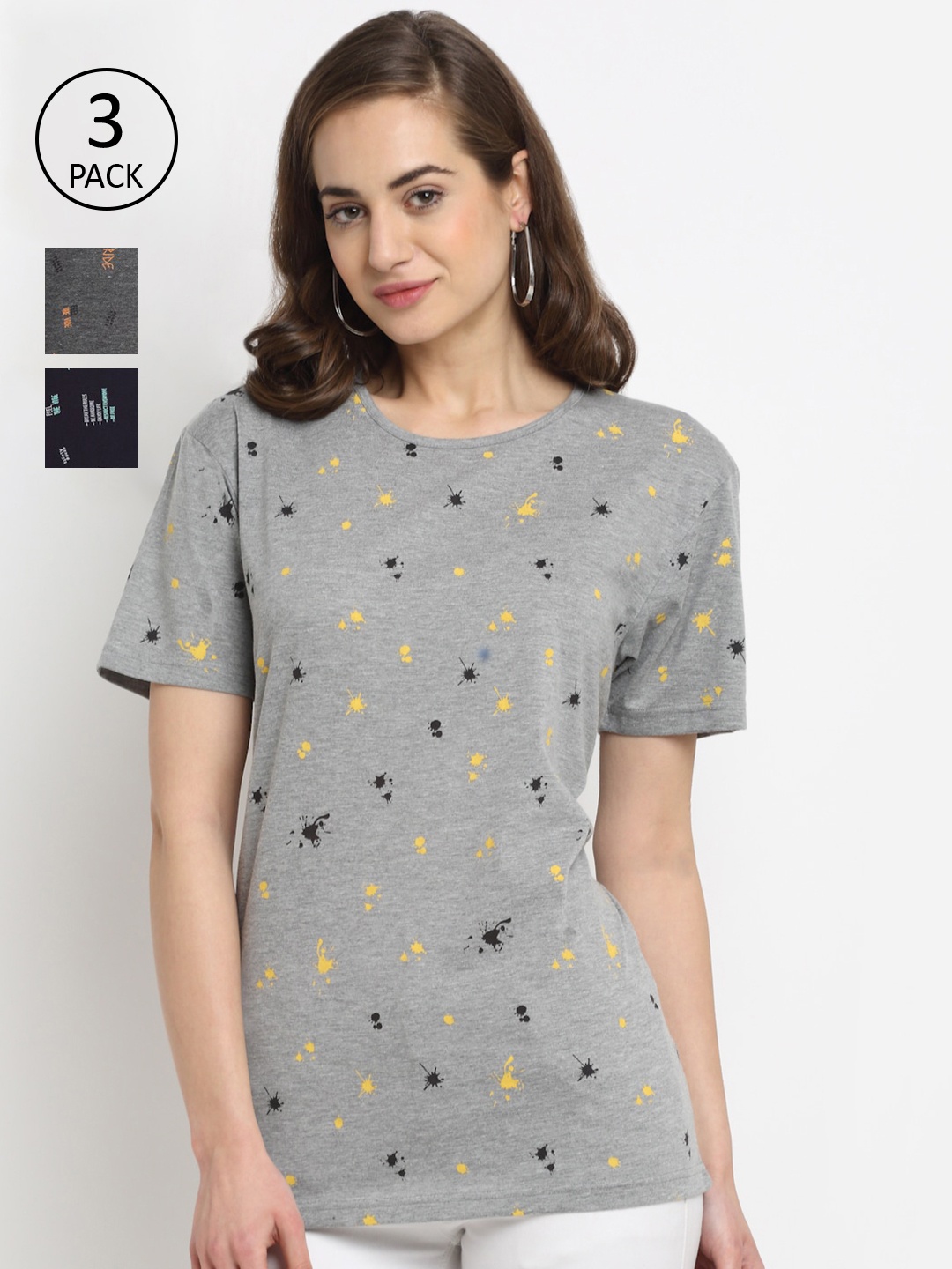 

VIMAL JONNEY Woman Pack of 3 Conversational Print T-shirt, Grey