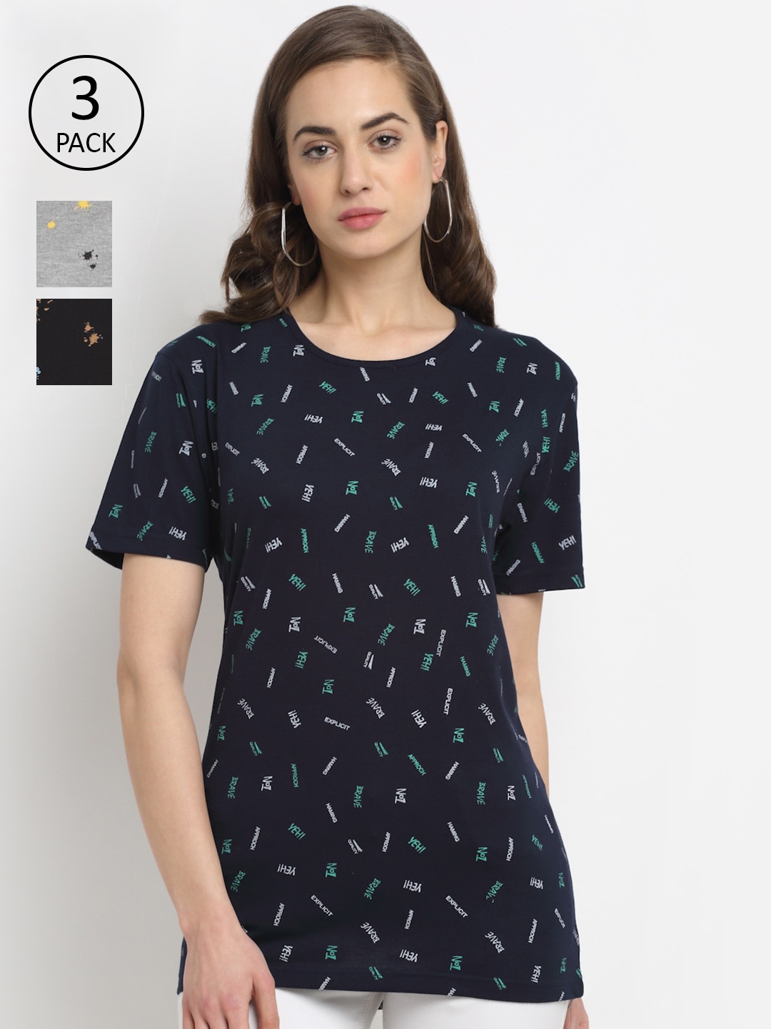 

VIMAL JONNEY Women Pack of 3 Printed T-shirt, Navy blue