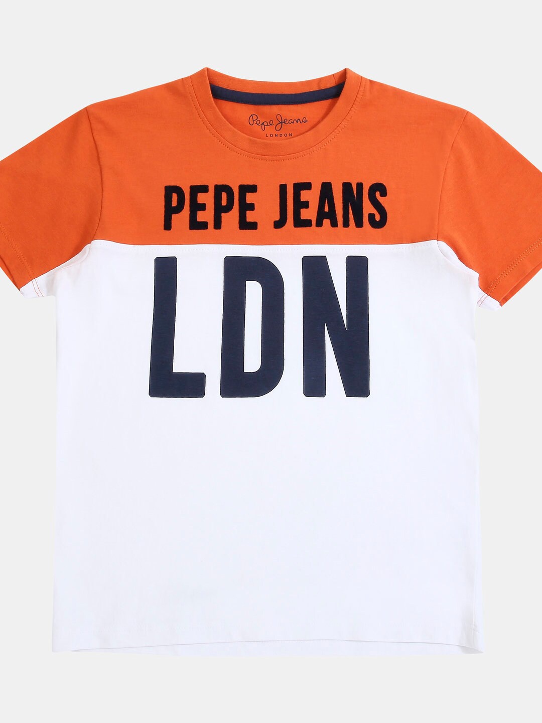 

Pepe Jeans Boys Orange & White Typography Printed Colourblocked T-shirt