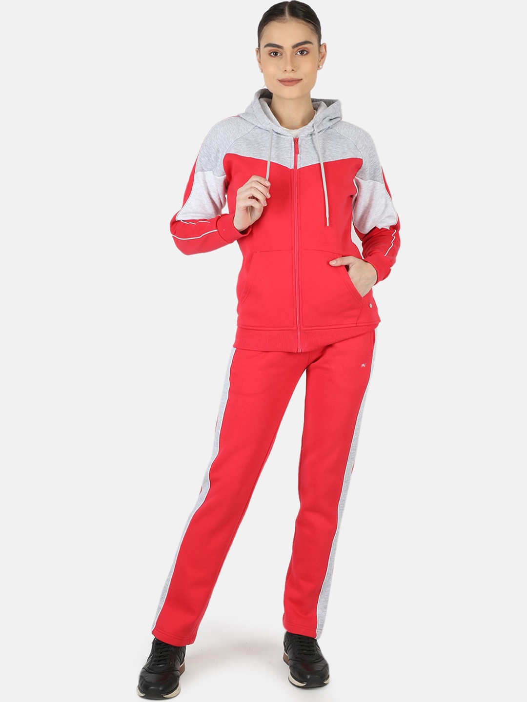

Monte Carlo Women Coral Red & Grey Cotton Blend Solid Tracksuit