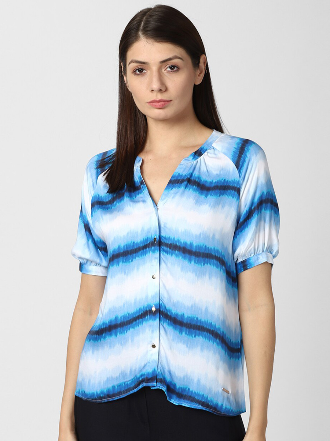 

Van Heusen Woman Blue & White Striped Mandarin Collar Shirt Style Top