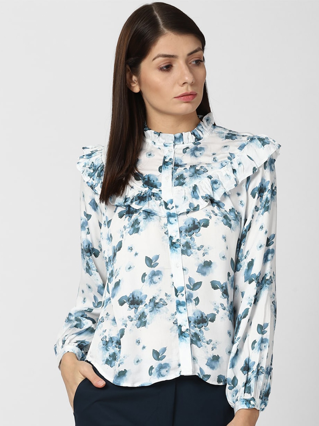 

Van Heusen Woman White & Blue Floral Print Top