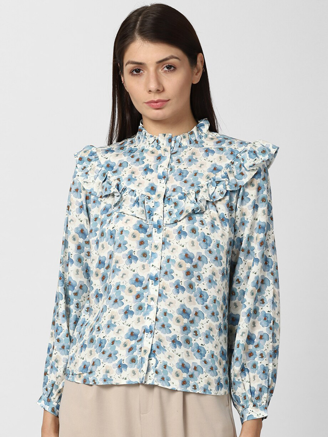 

Van Heusen Woman Blue & Off White Floral Print Mandarin Collar Ruffles Shirt Style Top