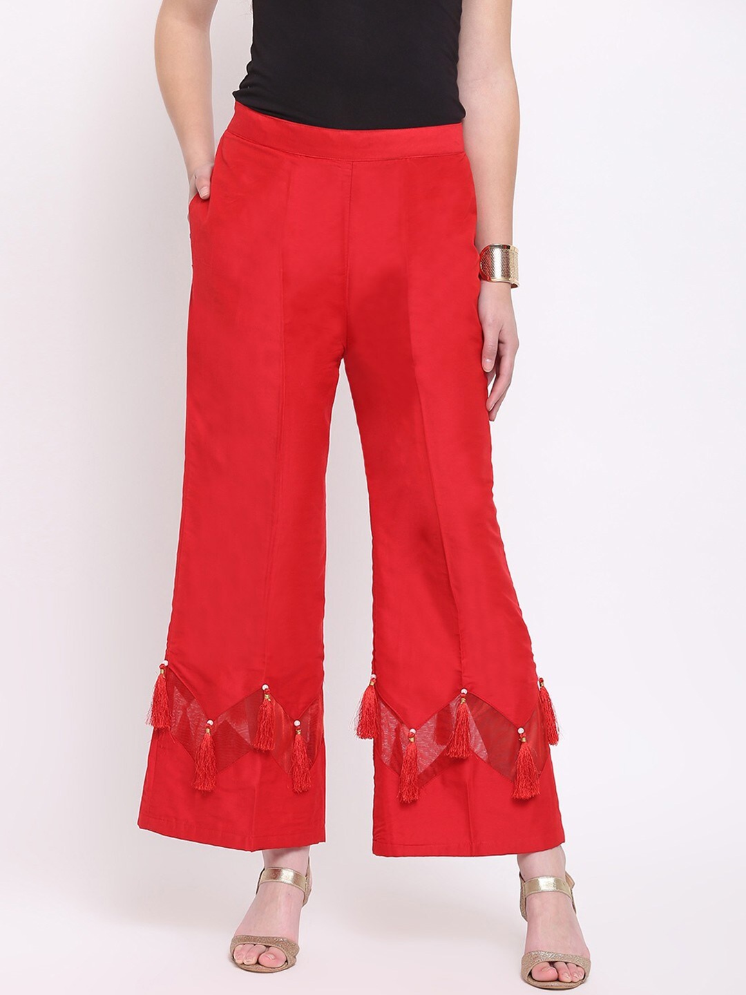 

RIVI Women Red Ethnic Zigzag Tasseled Palazzos