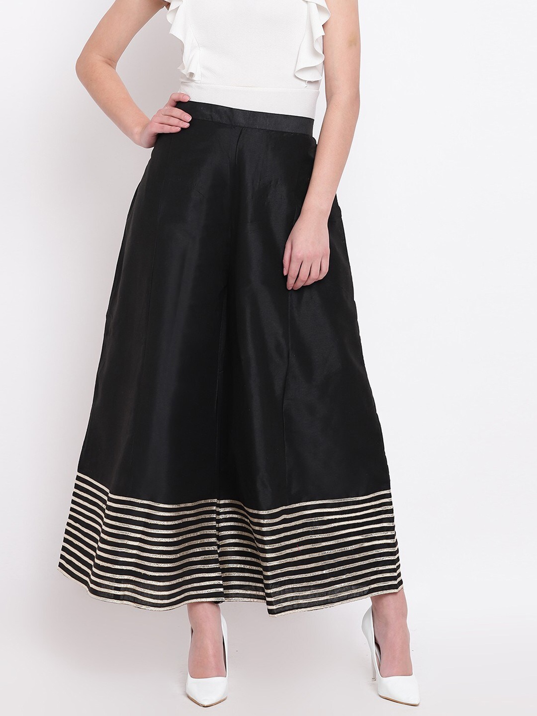 

RIVI Women Black & Gold-Toned Hem Design Palazzos