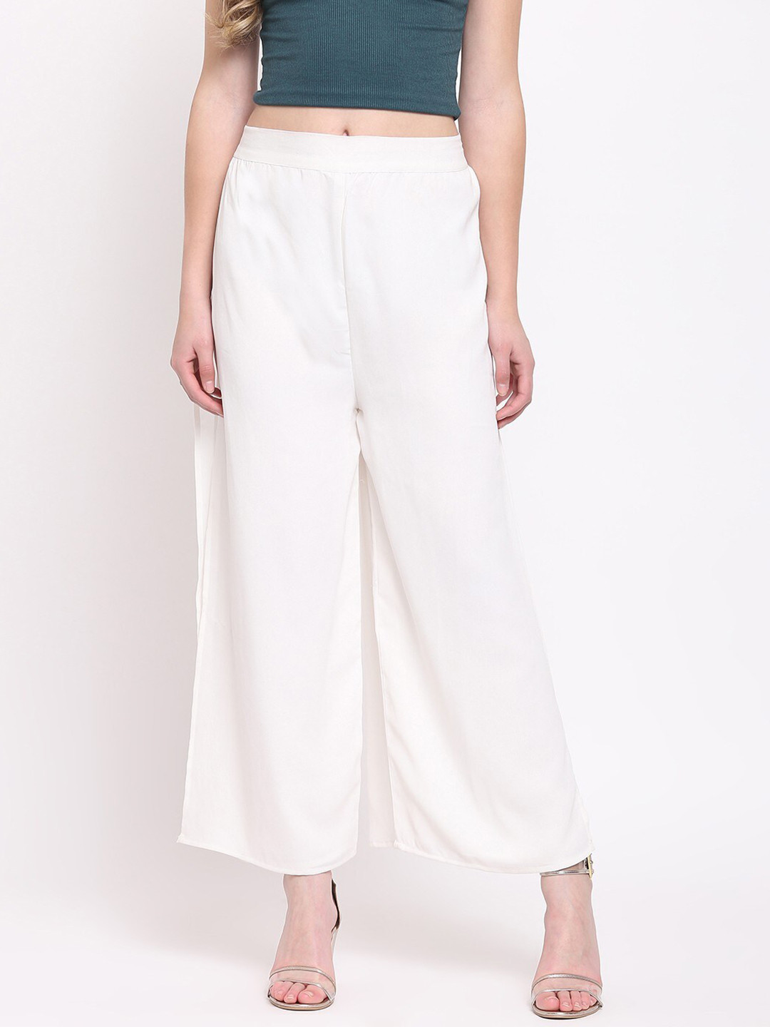 

RIVI Women Off White Solid Wide Leg Palazzo