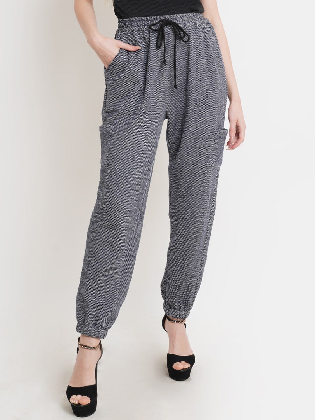 

Purple State Women Grey Textured Comfort Pleated Cotton Joggers