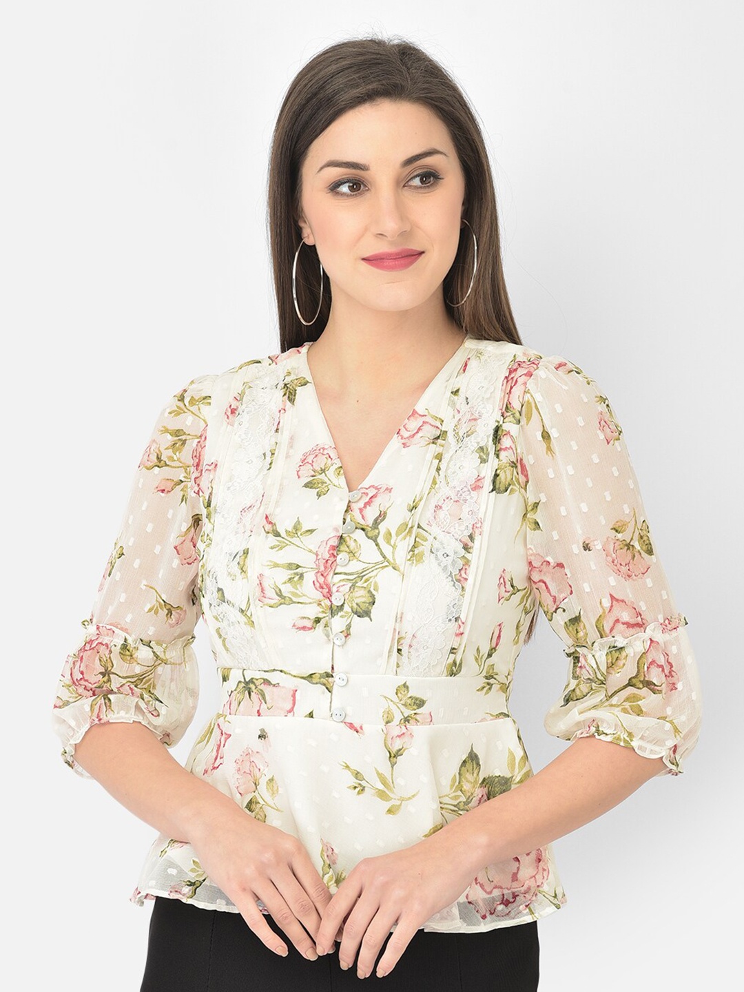 

Latin Quarters Off White Floral Print Cinched Waist Top
