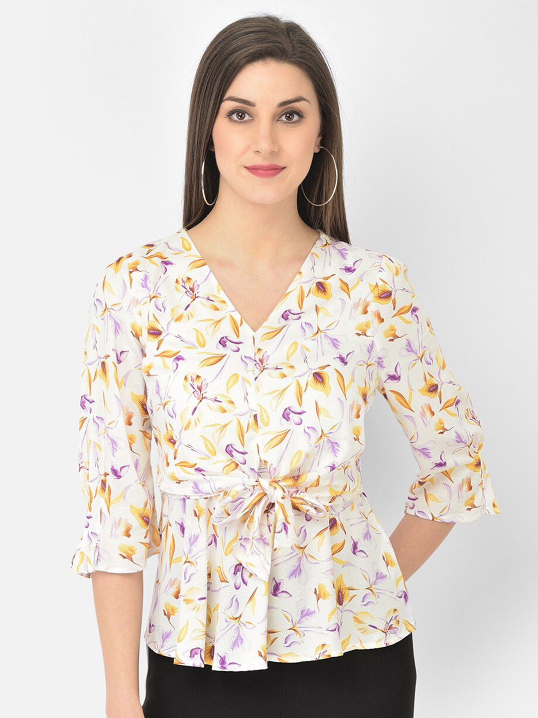 

Latin Quarters Yellow & Purple Floral Print Peplum Top