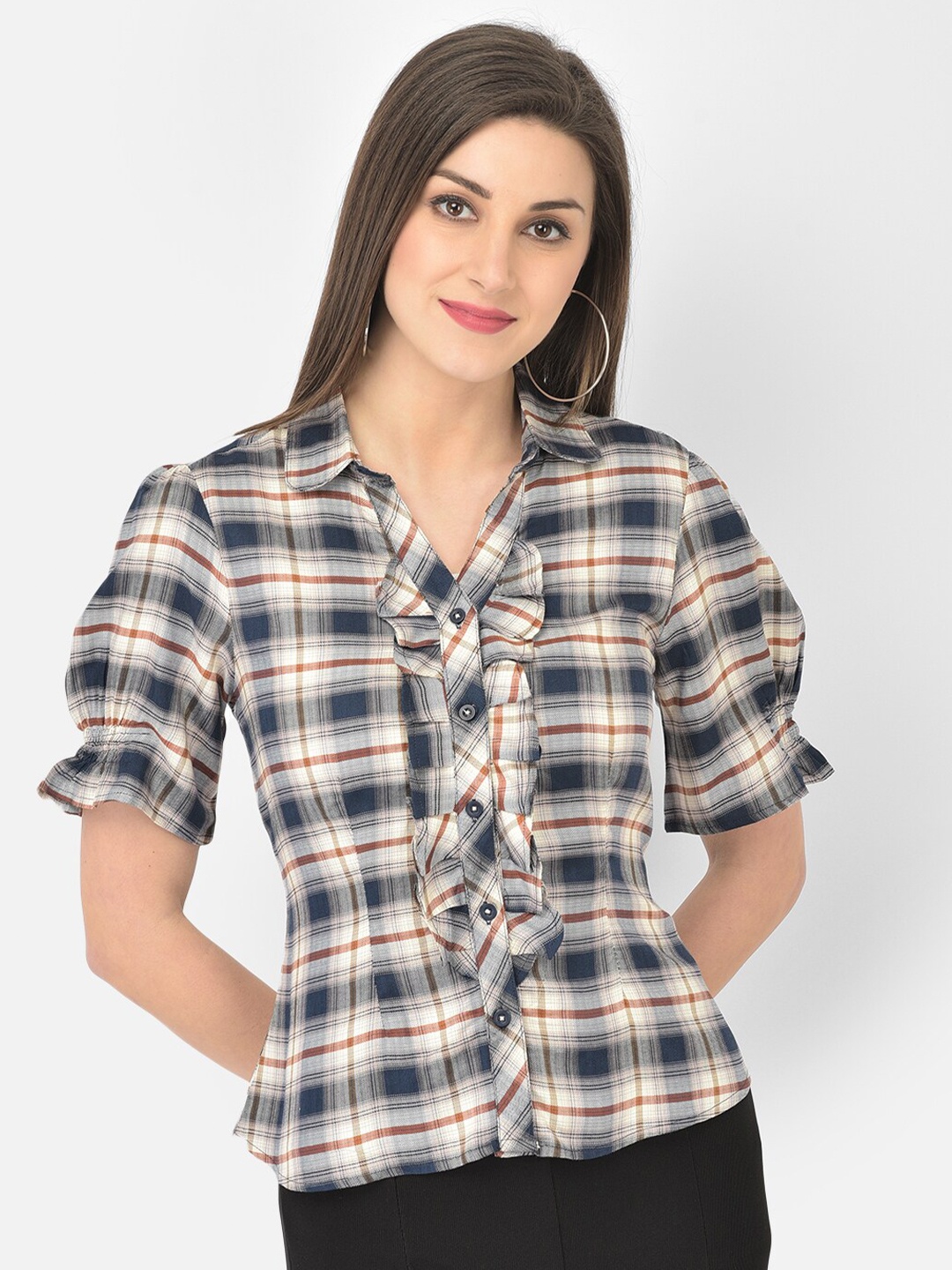 

Latin Quarters Blue & Cream-Coloured Checked Ruffles Shirt Style Top