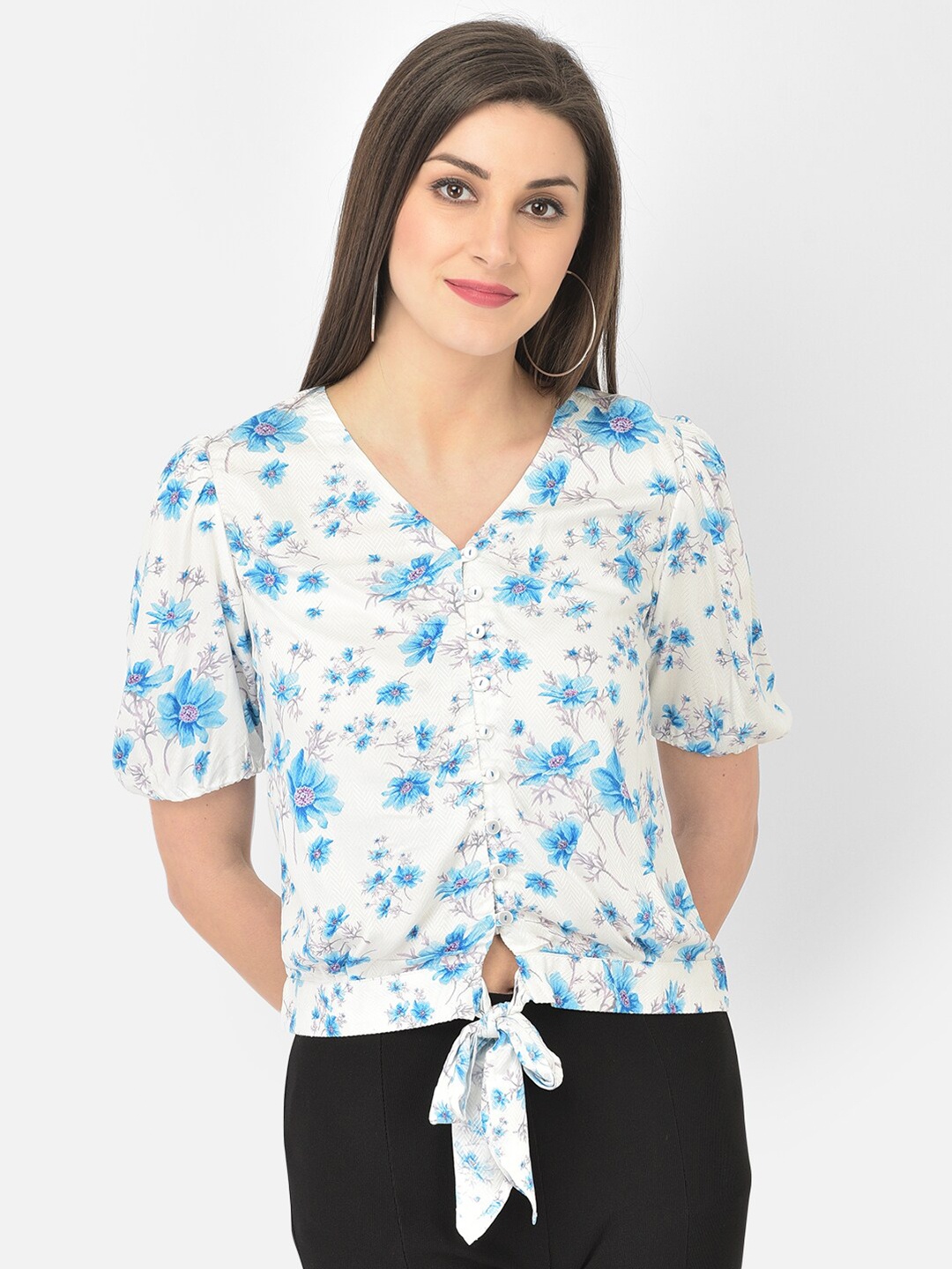 

Latin Quarters White & Blue Floral Print Top With Waist Tie Up