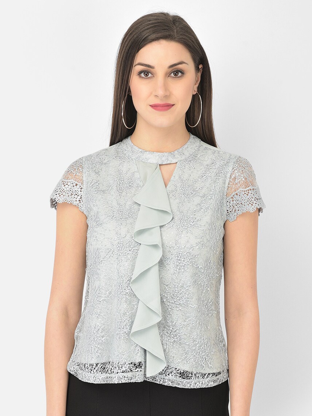 

Latin Quarters Grey Keyhole Neck Ruffles Top