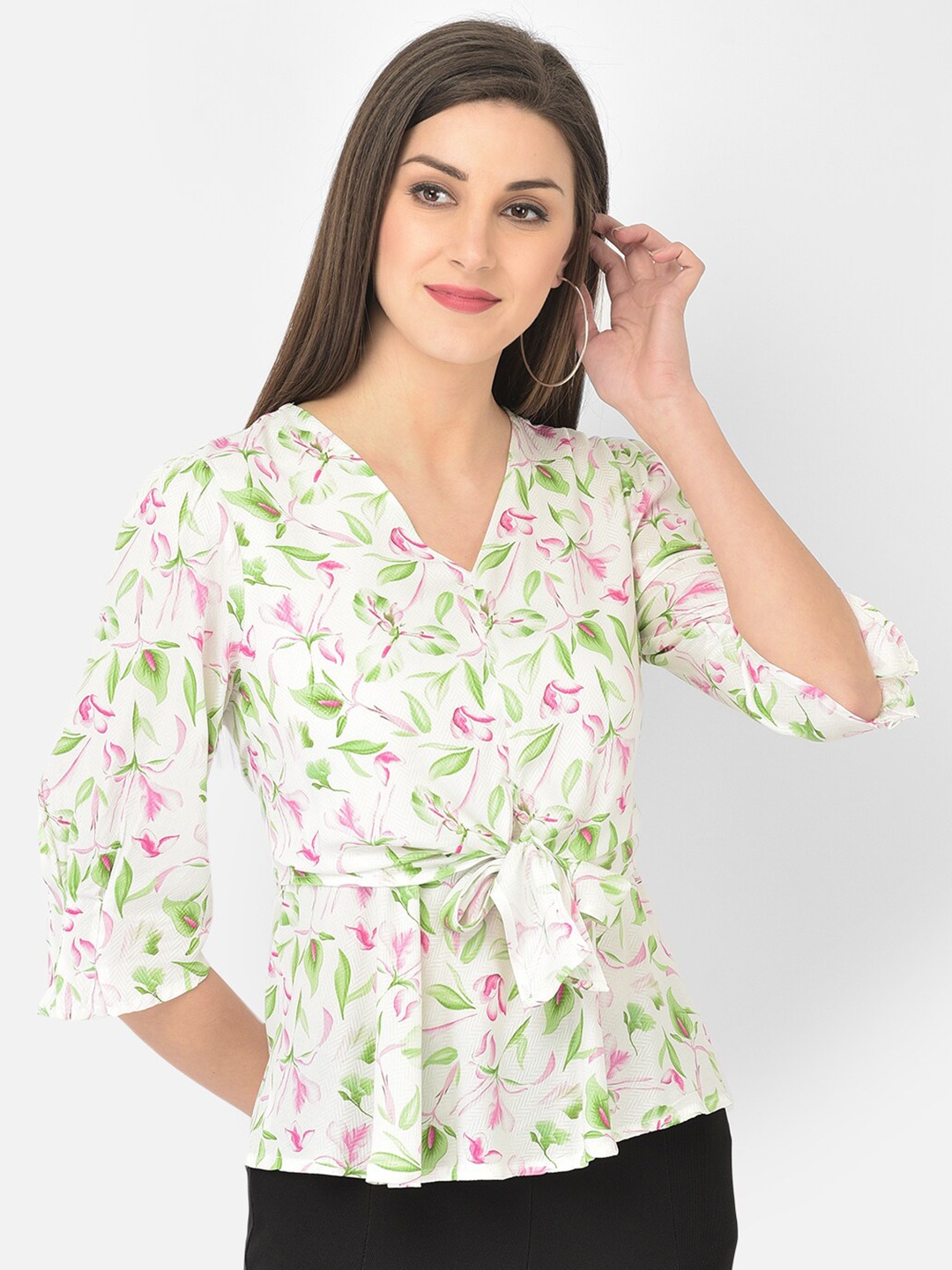 

Latin Quarters Green & White Floral Print Wrap Top