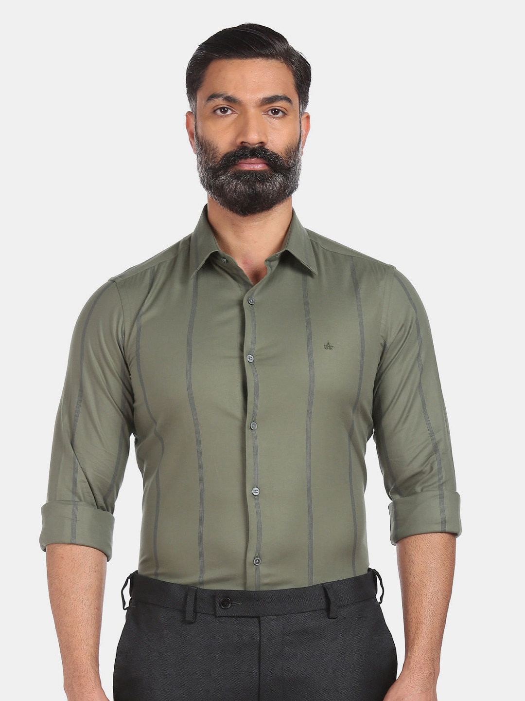 

Arrow Men Olive Green & Blue Slim Fit Striped Casual Shirt