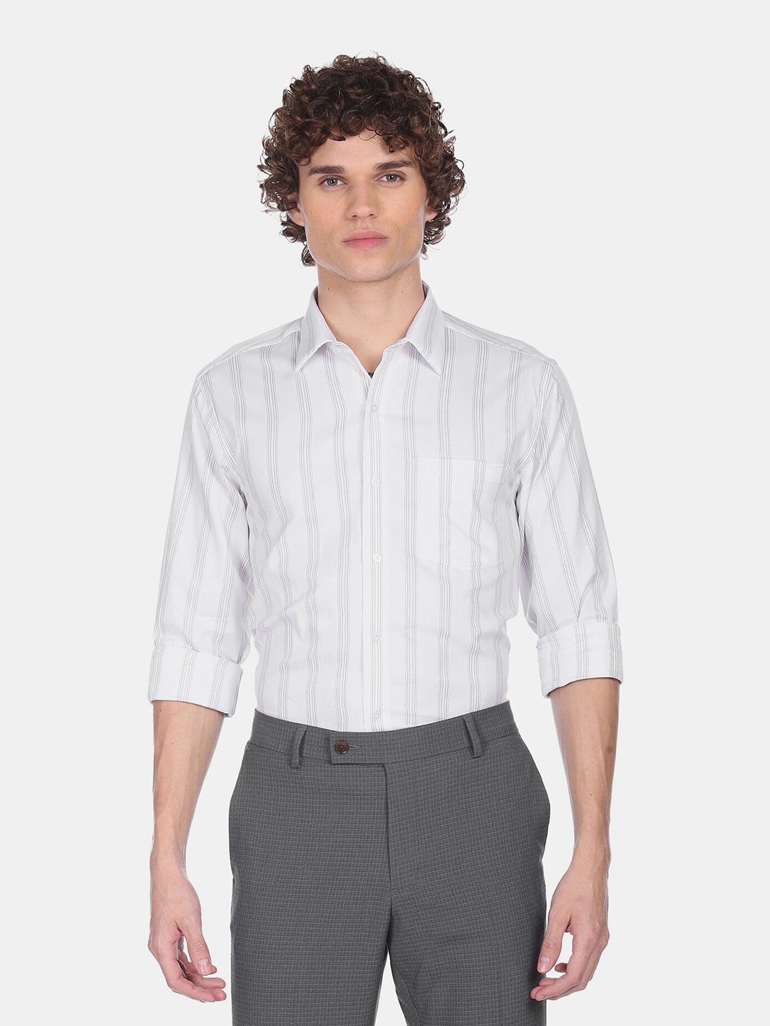 

Arrow Men White & Grey Slim Fit Striped Pure Cotton Formal Shirt