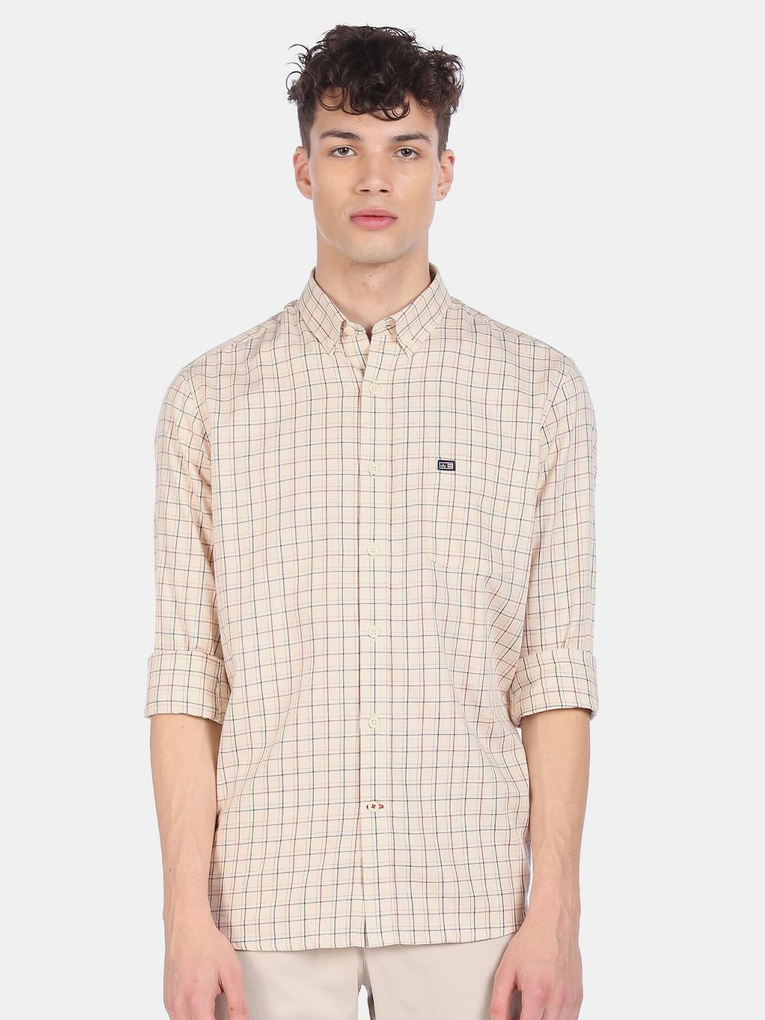 

Arrow Men Beige Button Down Collar Checked Casual Shirt