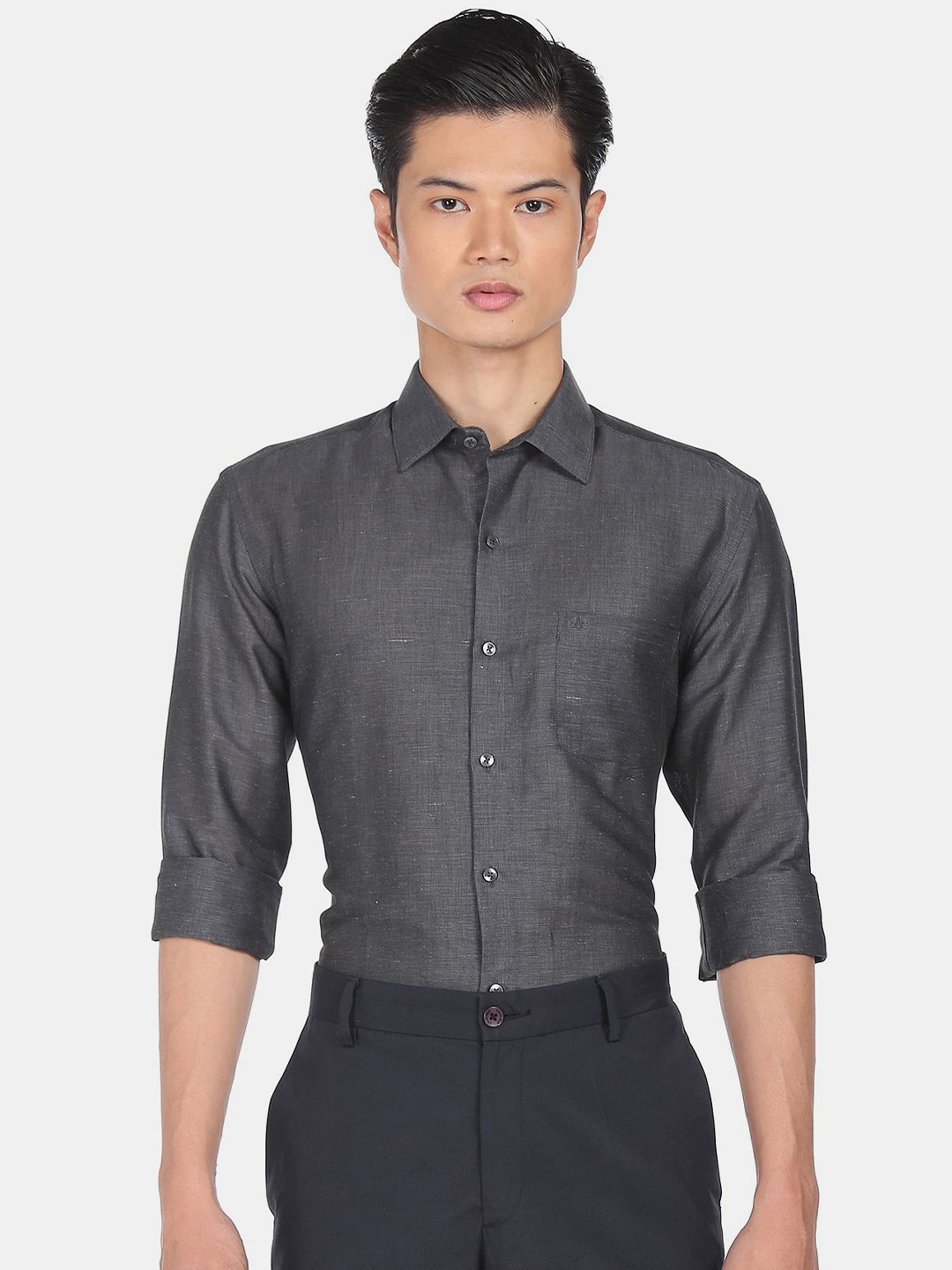 

Arrow Men Charcoal Grey Slim Fit Cotton Linen Formal Shirt