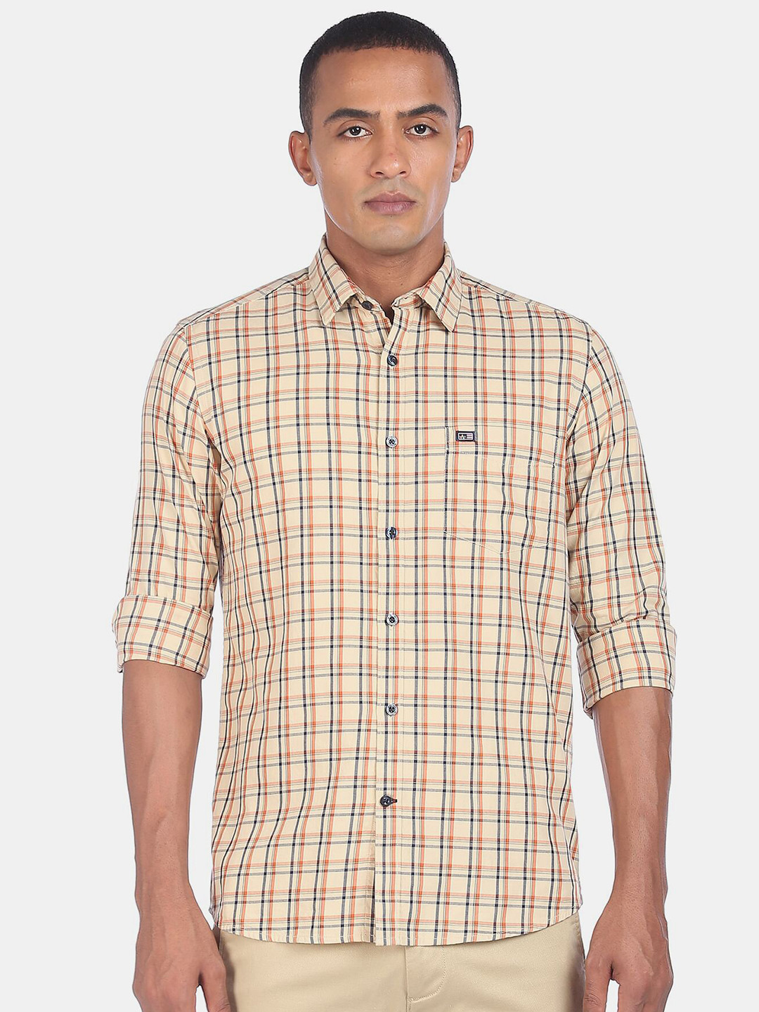 

Arrow Men Beige Tartan Checks Regular Fit Checked Pure Cotton Casual Shirt