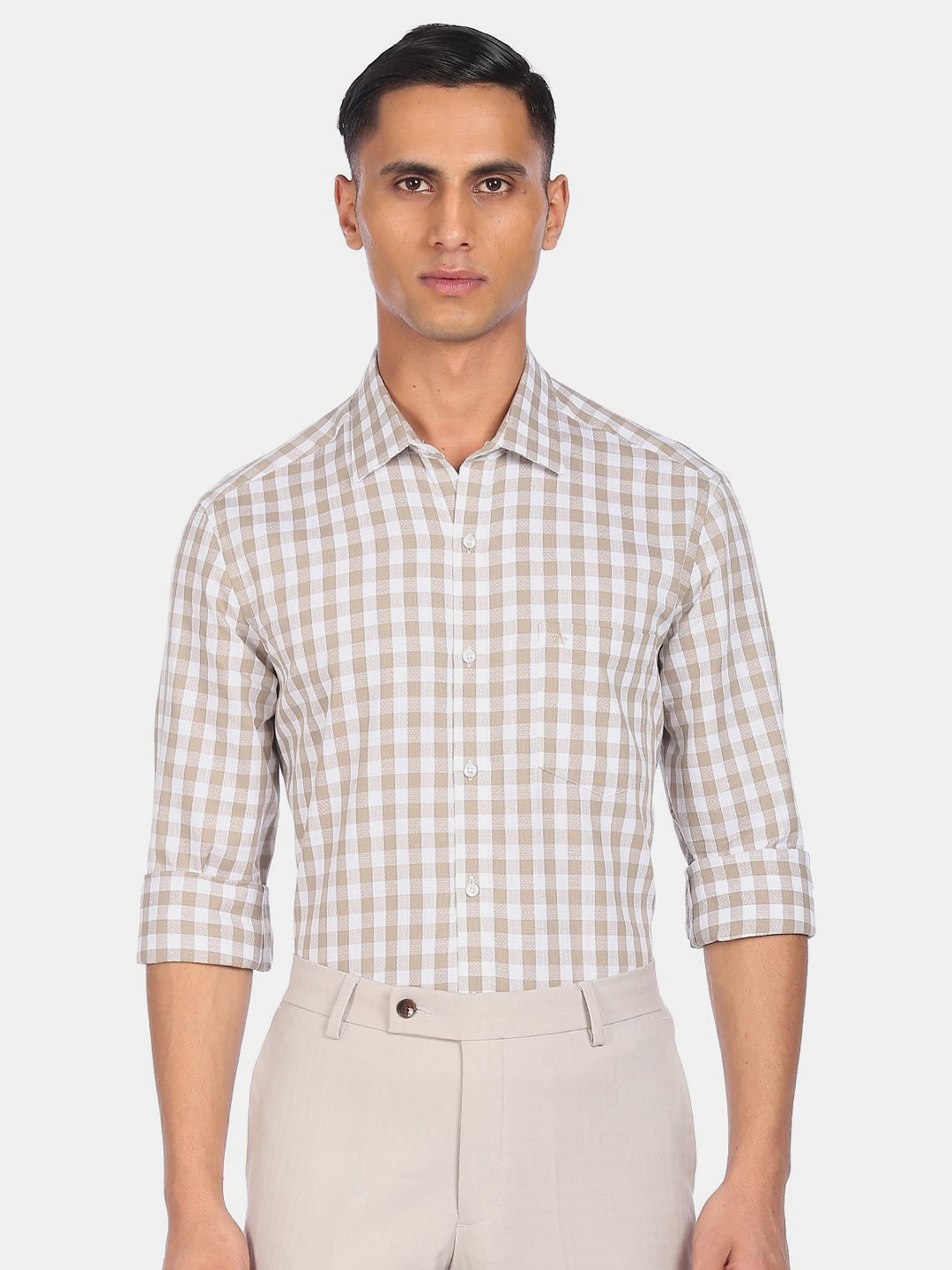 

Arrow Men Beige Checked French Placket Check Formal Shirt