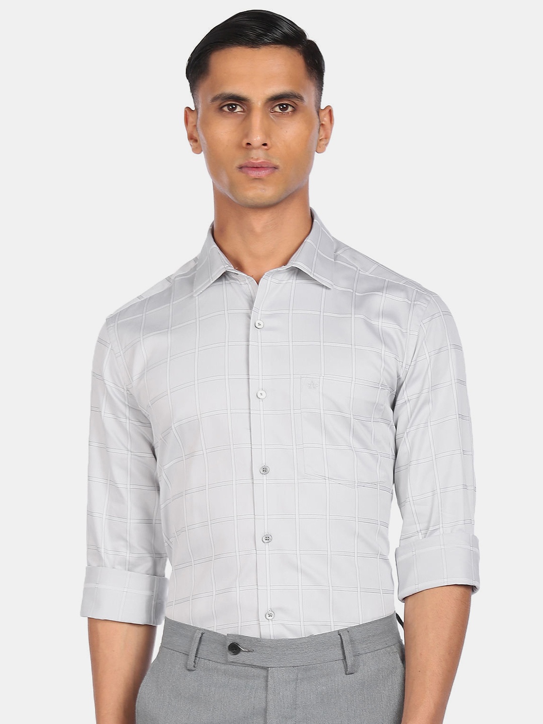

Arrow Men Grey Windowpane Checks Checked Pure Cotton Formal Shirt