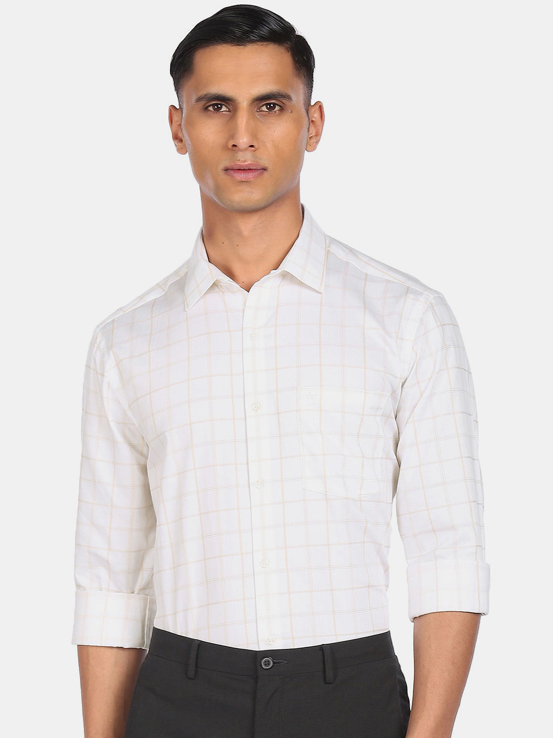 

Arrow Men White & Khaki Checked Pure Cotton Formal Shirt