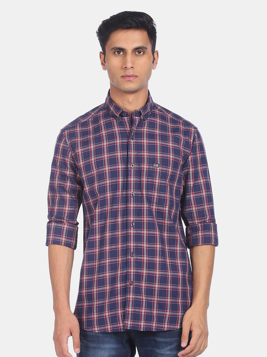 

Arrow Sport Men Blue Tartan Button-Down Collar Checked Casual Shirt